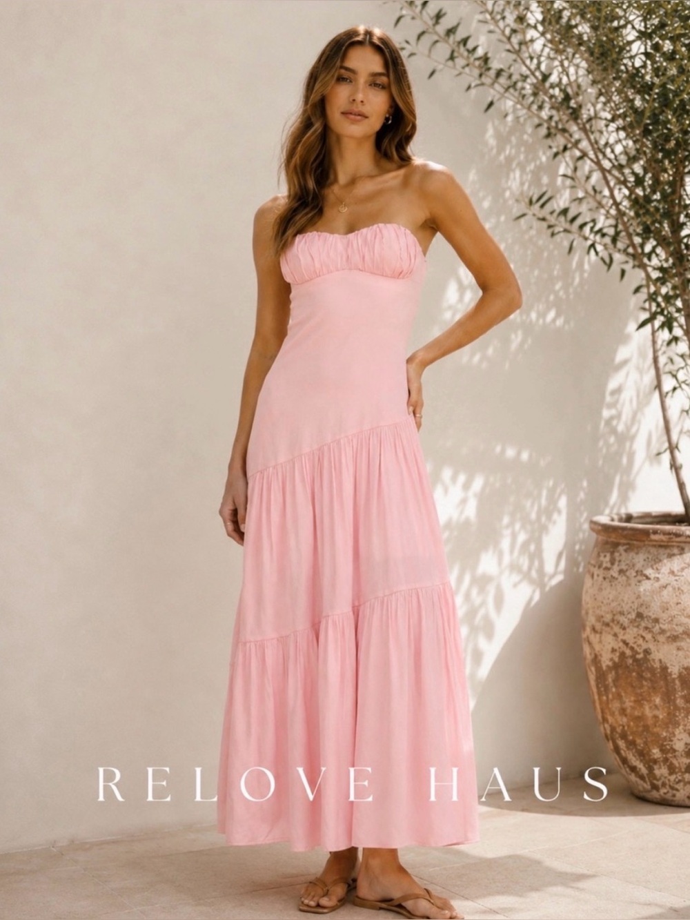 Hello Molly Summer In Love Pink Strapless Maxi Dress US 6 Medium Cottagecore